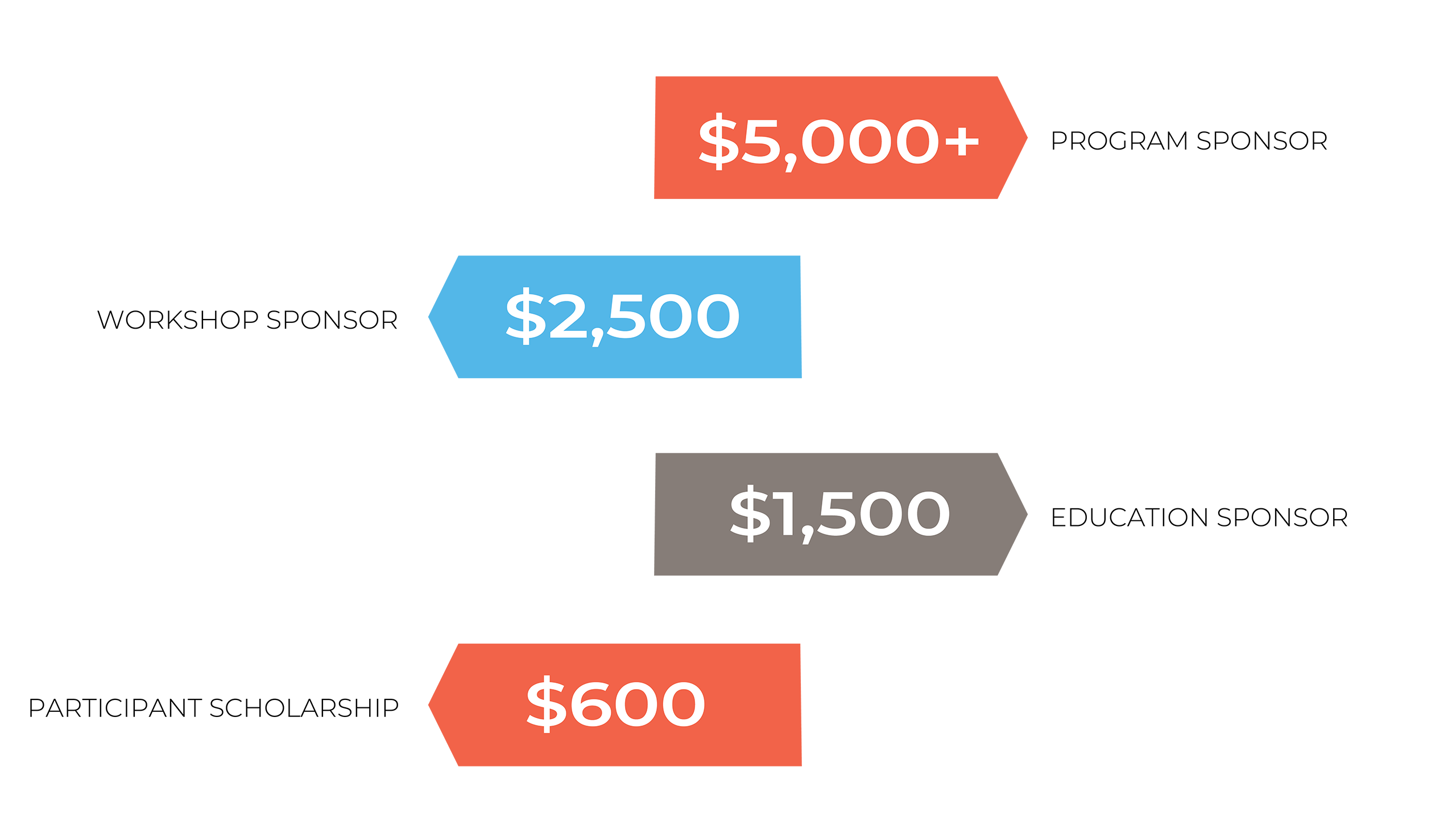 Sponsorship Levels:<br />
$5,000 Program Sponsor; $2,500 Workshop Sponsor; $1,500 Education Sponsor; $600 Participant Scholarship