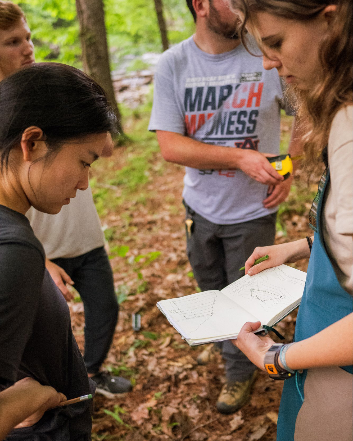 StickBuilt24+(9) Two women looking at drawings in a notebook while two men are in the background in the woods